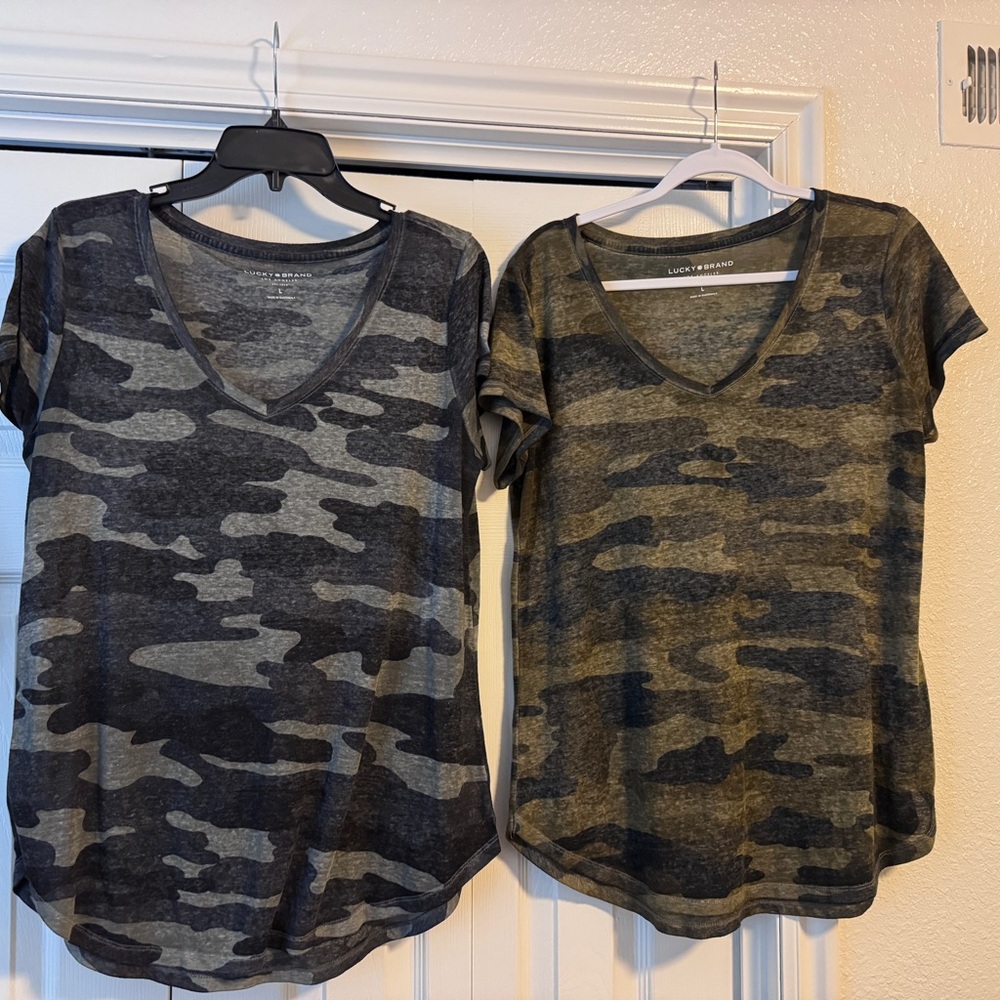 3 Lucky Brand Women's Camo V-Neck Tee in Olive, Gray & Blue